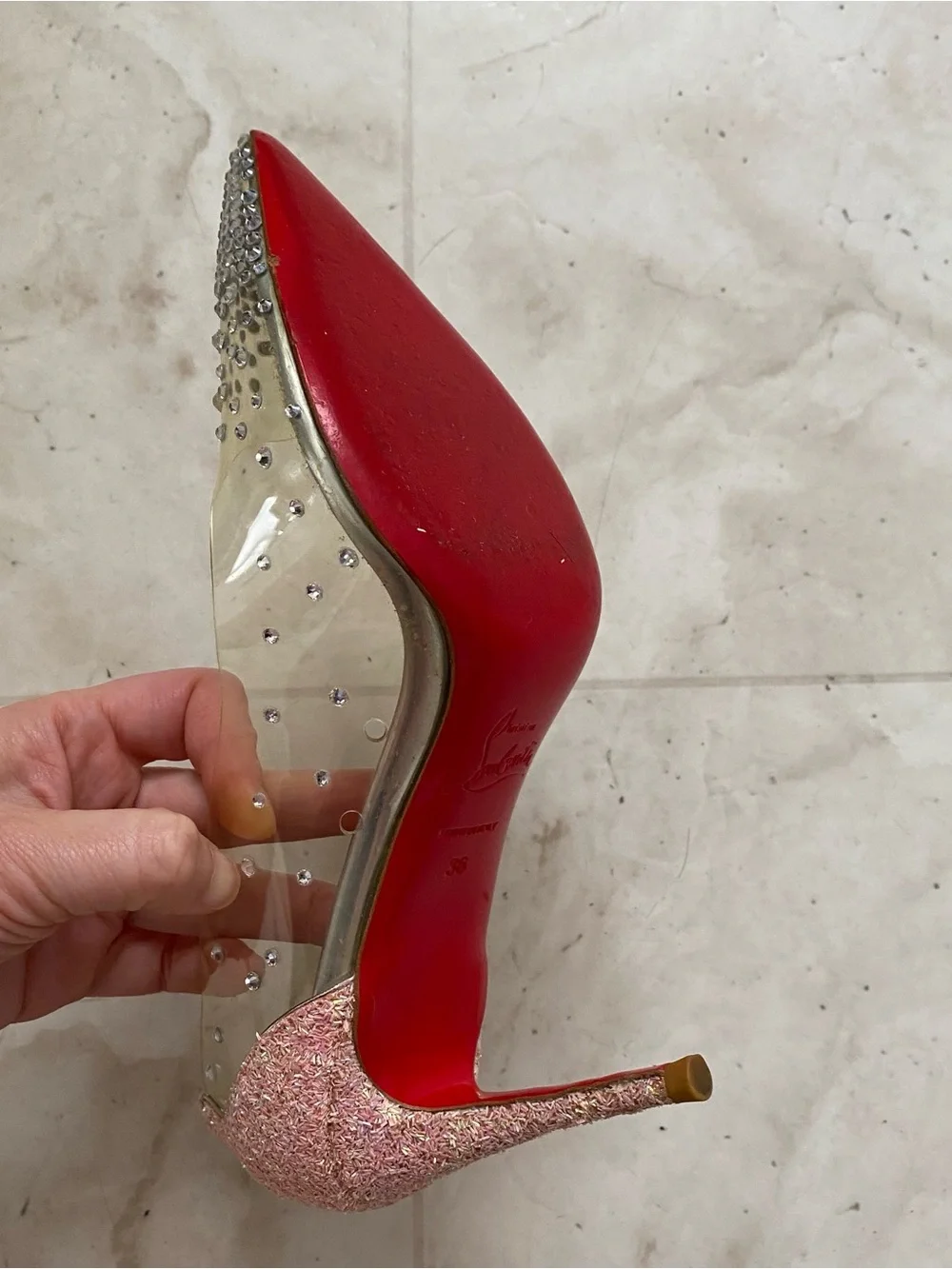 $1495 Christian Louboutin Degrastrass PVC Crystal Pink Glitter Pumps Heels 6/36